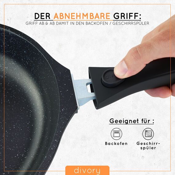 DIVORY Kasserolle 18cm abnehmbarer Griff - 2L Stielkasserolle mit Deckel - Stieltopf klein - Milchtopf beschichtet, abnehmbarer Stielgriff, Induktion, Spülmaschinen geeignet & Backofenfest, Schwarz