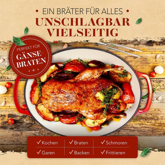 KRUSTENZAUBER 37,5cm Gusseisen Bräter mit Deckel backofengeeignet inkl. Fleischgabel - Großer ca. 10l Gänsebräter - Idealer Topf XXL, Schmortopf Kazan Gusseisen Bräter Induktion Oval