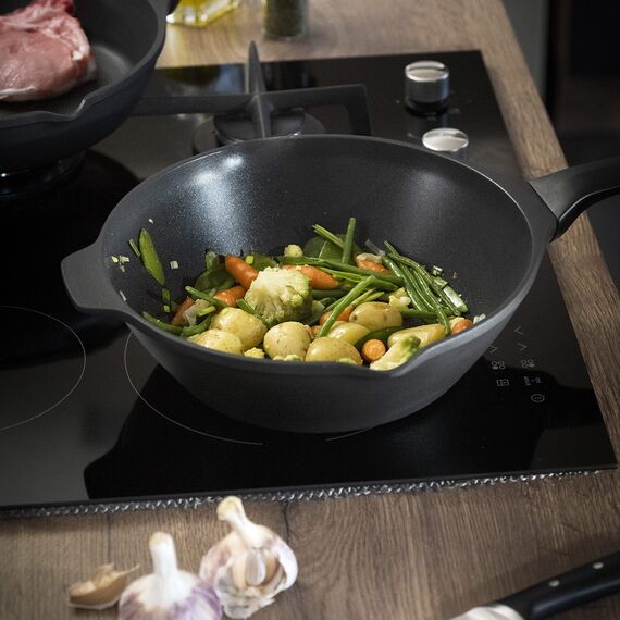 Tefal E24919 Robusto Aluguss Wokpfanne 28 cm, einfache Reinigung, Antihaftversiegelung, Thermo-Signal Temperaturanzeiger, spülmaschinenfest, induktionsgeeignet, Schwarz