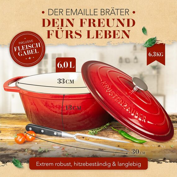 KRUSTENZAUBER 33cm Gusseisen Bräter mit Deckel backofengeeignet inkl. Fleischgabel - 6l Emaille Gusseisen Topf XL - Idealer Schmortopf Kazan, Bräter Induktion Oval, Geschenk Weihnachten
