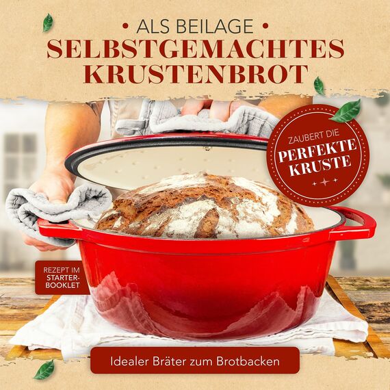 KRUSTENZAUBER 33cm Gusseisen Bräter mit Deckel backofengeeignet inkl. Fleischgabel - 6l Emaille Gusseisen Topf XL - Idealer Schmortopf Kazan, Bräter Induktion Oval, Geschenk Weihnachten