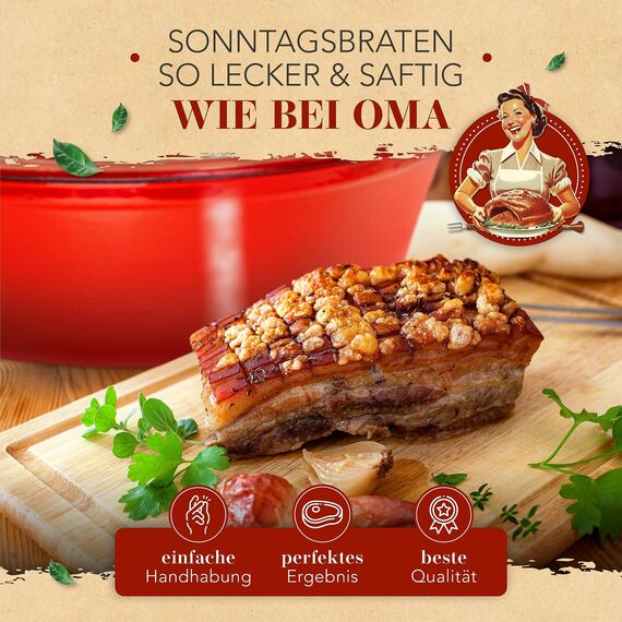 KRUSTENZAUBER 33cm Gusseisen Bräter mit Deckel backofengeeignet inkl. Fleischgabel - 6l Emaille Gusseisen Topf XL - Idealer Schmortopf Kazan, Bräter Induktion Oval, Geschenk Weihnachten