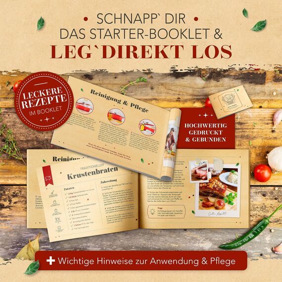 KRUSTENZAUBER 33cm Gusseisen Bräter mit Deckel backofengeeignet inkl. Fleischgabel - 6l Emaille Gusseisen Topf XL - Idealer Schmortopf Kazan, Bräter Induktion Oval, Geschenk Weihnachten