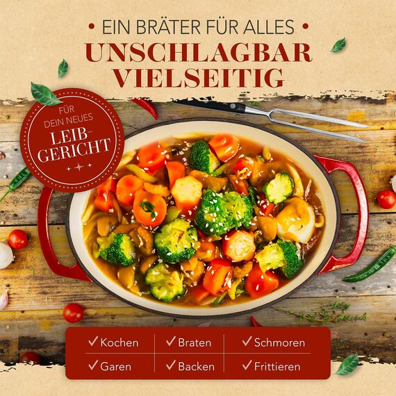 KRUSTENZAUBER 33cm Gusseisen Bräter mit Deckel backofengeeignet inkl. Fleischgabel - 6l Emaille Gusseisen Topf XL - Idealer Schmortopf Kazan, Bräter Induktion Oval, Geschenk Weihnachten