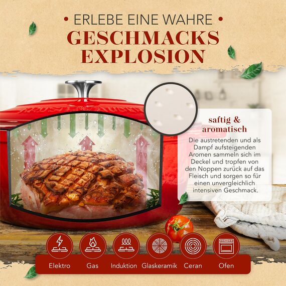 KRUSTENZAUBER 33cm Gusseisen Bräter mit Deckel backofengeeignet inkl. Fleischgabel - 6l Emaille Gusseisen Topf XL - Idealer Schmortopf Kazan, Bräter Induktion Oval, Geschenk Weihnachten