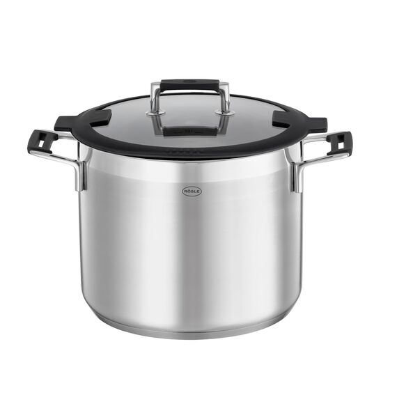 RÖSLE SILENCE PRO Gemüse und Suppentopf, Hochwertiger Universaltopf aus Edelstahl 18/10, 24 cm, Glasdeckel, Innenskalierung, induktionsgeeignet, spülmaschinengeeignet, Silberfarben / Schwarz