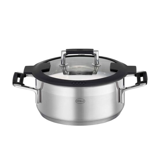 RÖSLE SILENCE PRO Bratentopf, Hochwertiger Universaltopf aus Edelstahl 18/10, 20 cm, Glasdeckel, Innenskalierung, induktionsgeeignet, spülmaschinengeeignet, Silberfarben / Schwarz