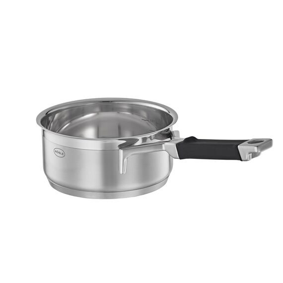 RÖSLE SILENCE PRO Stielkasserolle, Hochwertiger Universaltopf aus Edelstahl 18/10, 16 cm, Silikongriff, Innenskalierung, induktionsgeeignet, spülmaschinengeeignet, Silberfarben