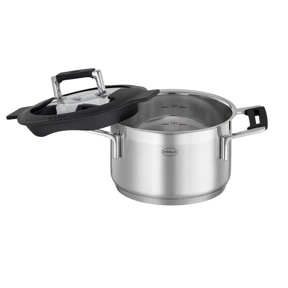 RÖSLE SILENCE PRO Kochtopf, Hochwertiger Universaltopf aus Edelstahl 18/10, 16 cm, Glasdeckel, Innenskalierung, induktionsgeeignet, spülmaschinengeeignet, Silberfarben