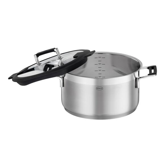 RÖSLE SILENCE PRO Kochtopf, Hochwertiger Universaltopf aus Edelstahl 18/10, 20 cm, Glasdeckel, Innenskalierung, induktionsgeeignet, spülmaschinengeeignet, Silberfarben