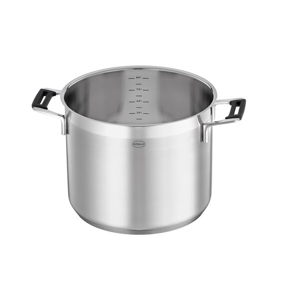 RÖSLE SILENCE PRO Gemüse und Suppentopf, Hochwertiger Universaltopf aus Edelstahl 18/10, 24 cm, Glasdeckel, Innenskalierung, induktionsgeeignet, spülmaschinengeeignet, Silberfarben / Schwarz