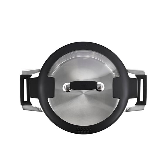 RÖSLE SILENCE PRO Kochtopf, Hochwertiger Universaltopf aus Edelstahl 18/10, 24 cm, Glasdeckel, Innenskalierung, induktionsgeeignet, spülmaschinengeeignet, Silberfarben / Schwarz