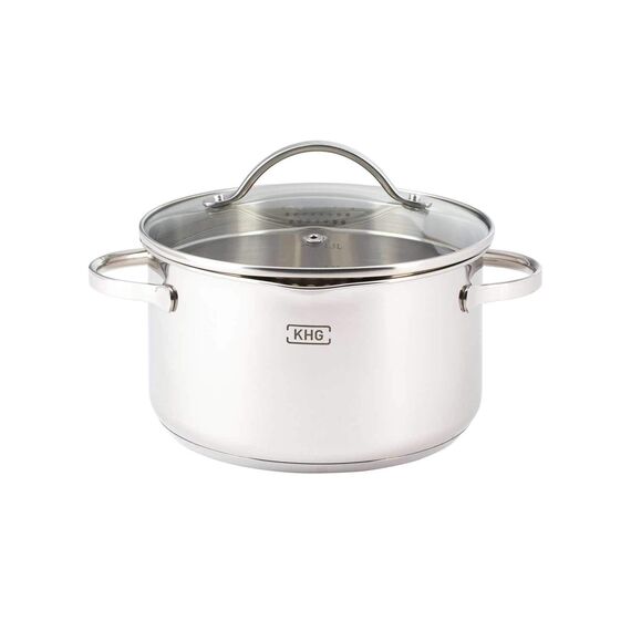 KHG Induktion Kochtopf | Ø 16 cm und 1,25 Liter Volumen | Soßentopf, Fleischtopf aus rostfreiem Edelstahl | Topf inkl. Glasdeckel mit Sieb | Innenskala, Ausguss