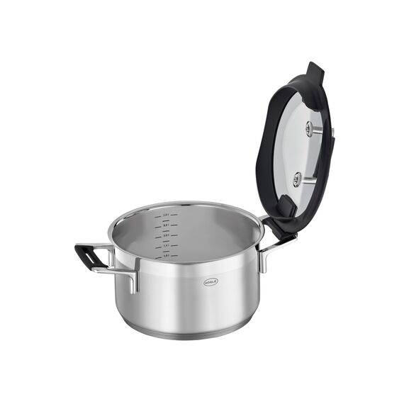 RÖSLE SILENCE PRO Kochtopf, Hochwertiger Universaltopf aus Edelstahl 18/10, 20 cm, Glasdeckel, Innenskalierung, induktionsgeeignet, spülmaschinengeeignet, Silberfarben