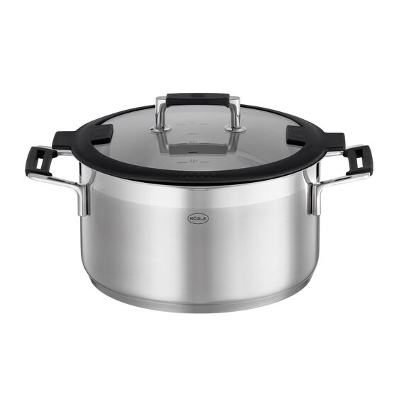 RÖSLE SILENCE PRO Kochtopf, Hochwertiger Universaltopf aus Edelstahl 18/10, 24 cm, Glasdeckel, Innenskalierung, induktionsgeeignet, spülmaschinengeeignet, Silberfarben / Schwarz