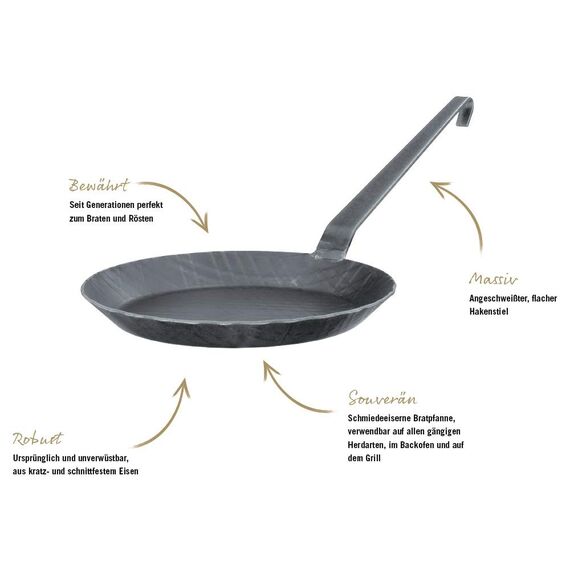 RÖSLE Bratpfanne Schmiedeeisern Serie 1888, Hochwertige schmiedeeiserne Bratpfanne für knusprige Bratkatoffeln und kurzgebratenes Fleisch, Hakenstil, Grill- und Induktionsgeeignet, Schwarz, 24 cm