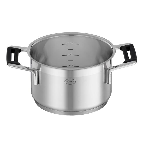 RÖSLE SILENCE PRO Kochtopf, Hochwertiger Universaltopf aus Edelstahl 18/10, 16 cm, Glasdeckel, Innenskalierung, induktionsgeeignet, spülmaschinengeeignet, Silberfarben