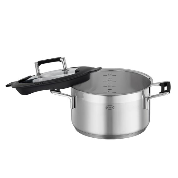 RÖSLE SILENCE PRO Kochtopf, Hochwertiger Universaltopf aus Edelstahl 18/10, 24 cm, Glasdeckel, Innenskalierung, induktionsgeeignet, spülmaschinengeeignet, Silberfarben / Schwarz