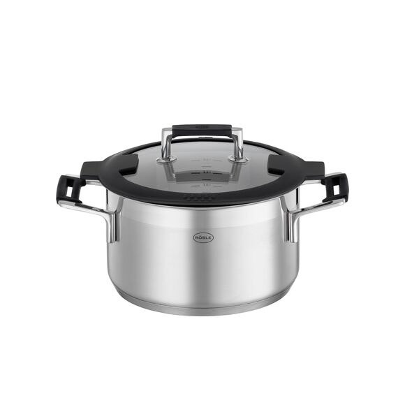 RÖSLE SILENCE PRO Kochtopf, Hochwertiger Universaltopf aus Edelstahl 18/10, 20 cm, Glasdeckel, Innenskalierung, induktionsgeeignet, spülmaschinengeeignet, Silberfarben