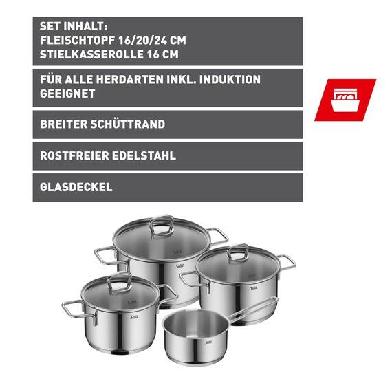 Silit Alicante Topfset Induktion 4-teilig, Kochtopf Set mit Glasdeckel, Edelstahl poliert, Induktions Töpfe Set unbeschichtet