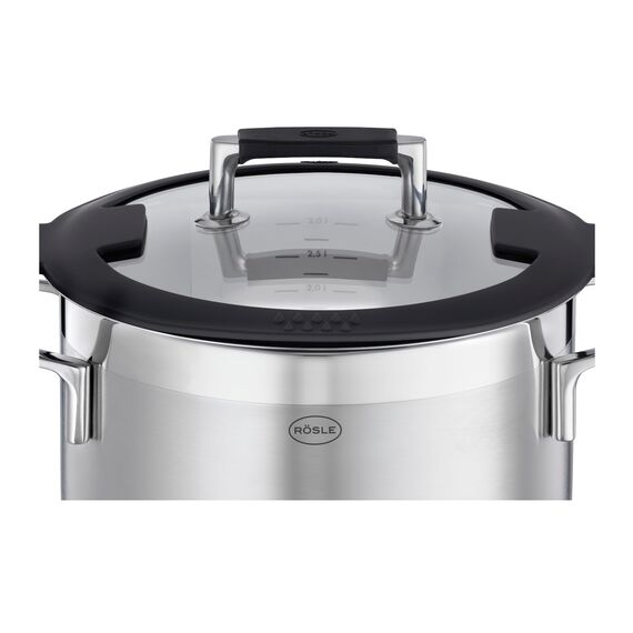 RÖSLE SILENCE PRO Kochtopf, Hochwertiger Universaltopf aus Edelstahl 18/10, 20 cm, Glasdeckel, Innenskalierung, induktionsgeeignet, spülmaschinengeeignet, Silberfarben