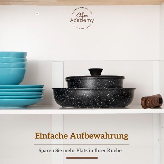 Kitchen Academy Topfset 10tlg, Topf Pfannenset mit Glasdeckeln, Marmorbeschichtung Antihaft-Versiegelung Kochgeschirr-Set, induktionsgeeignet, Maseriger glater Griff, Schwarz