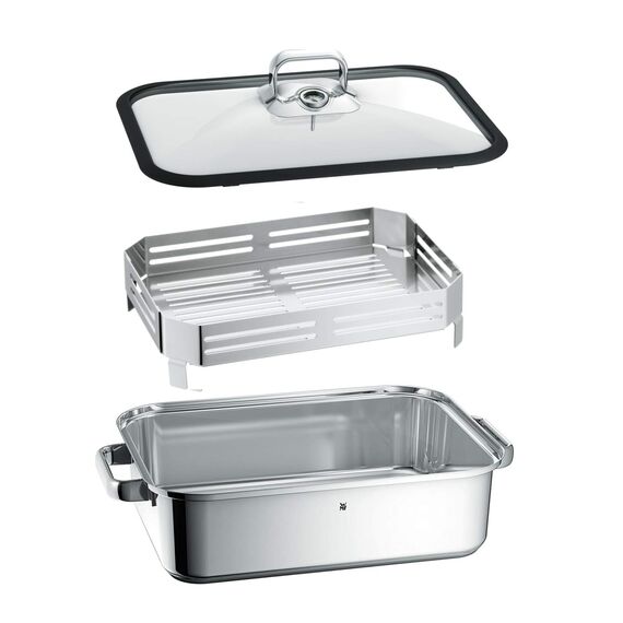 WMF Vitalis Compact Dampfgarer, Bräter Induktion, 35x21,5x10 cm, Auflaufform 3,5l, Glasdeckel Silikonrand, Thermometer, Garblech, Cromargan Edelstahl unbeschichtet