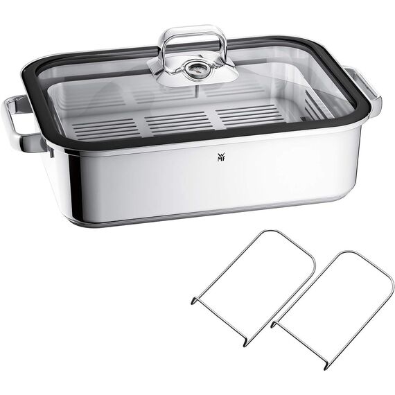 WMF Vitalis Aroma Dampfgarer, Bräter Induktion, 41x27x10 cm, Auflaufform 6,5l, Glasdeckel Silikonrand, Dampfgarer für Backofen, Garthermometer, Garblech, Cromargan Edelstahl unbeschichtet