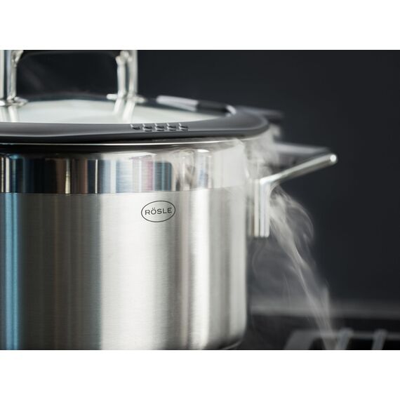 RÖSLE SILENCE PRO Bratentopf, Hochwertiger Universaltopf aus Edelstahl 18/10, 20 cm, Glasdeckel, Innenskalierung, induktionsgeeignet, spülmaschinengeeignet, Silberfarben / Schwarz