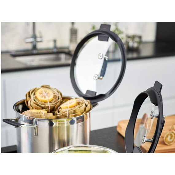 RÖSLE SILENCE PRO Gemüse und Suppentopf, Hochwertiger Universaltopf aus Edelstahl 18/10, 24 cm, Glasdeckel, Innenskalierung, induktionsgeeignet, spülmaschinengeeignet, Silberfarben / Schwarz