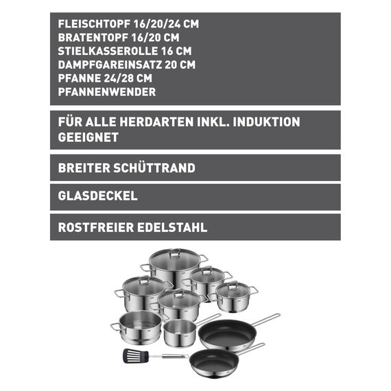Silit Alicante Topfset Induktion 10-teilig, Kochtopf Set mit Glasdeckel, Edelstahl poliert, Induktions Töpfe Set unbeschichtet