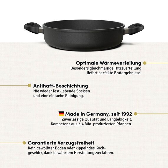 Hoffmann Schmorpfanne 28 cm hoher Rand Induktion I Pfanne mit 2 Griffen Made in Germany I Hochrandpfanne Aluguss Servierpfanne mit Deckel beschichtet