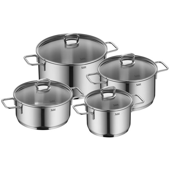 Silit Alicante Topfset 4-teilig, Töpfe mit Glasdeckel, Induktionstöpfe, Edelstahl poliert, Topf Induktion, unbeschichtet, backofengeeignet