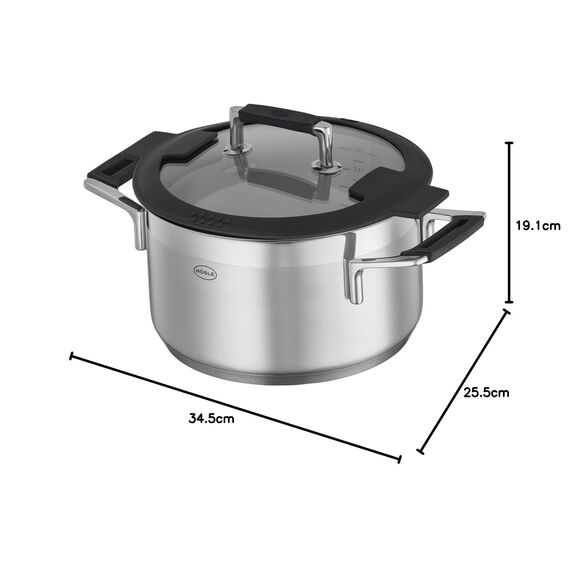 RÖSLE SILENCE PRO Kochtopf, Hochwertiger Universaltopf aus Edelstahl 18/10, 24 cm, Glasdeckel, Innenskalierung, induktionsgeeignet, spülmaschinengeeignet, Silberfarben / Schwarz