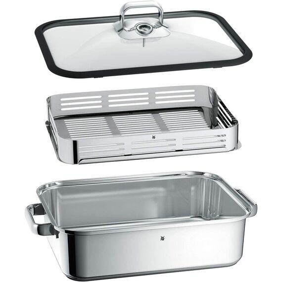 WMF Vitalis Aroma Dampfgarer, Bräter Induktion, 41x27x10 cm, Auflaufform 6,5l, Glasdeckel Silikonrand, Dampfgarer für Backofen, Garthermometer, Garblech, Cromargan Edelstahl unbeschichtet