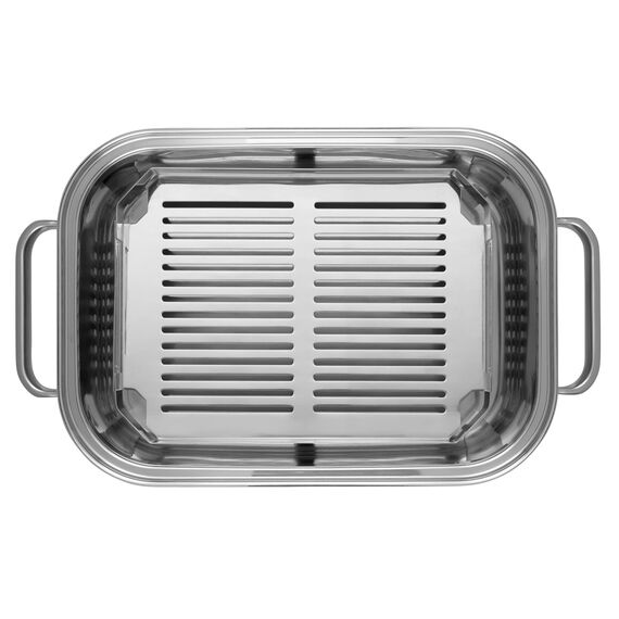 WMF Vitalis Compact Dampfgarer, Bräter Induktion, 35x21,5x10 cm, Auflaufform 3,5l, Glasdeckel Silikonrand, Thermometer, Garblech, Cromargan Edelstahl unbeschichtet