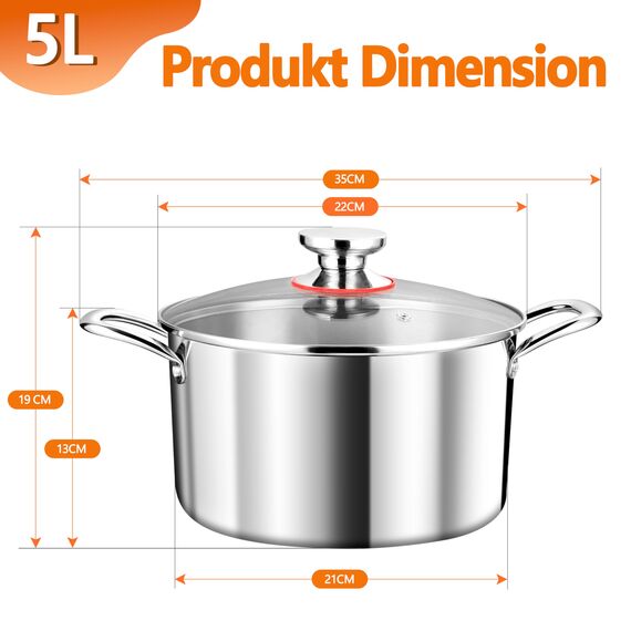 TEAMFAR Kochtopf, 3-Lagen Edeastahl 22cm Topf Induktion mit Glasdeckel, 4,75L Nudeltopf Fleischtopf für alle Herdarten, Edeastahl poliert & Unbeschichtet