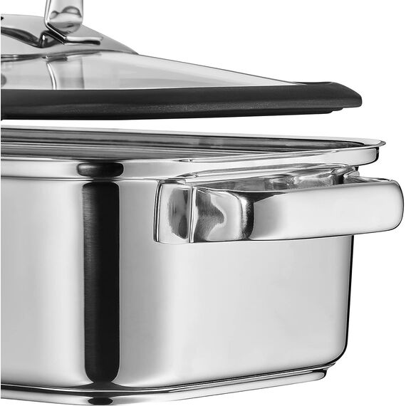 WMF Vitalis Aroma Dampfgarer, Bräter Induktion, 41x27x10 cm, Auflaufform 6,5l, Glasdeckel Silikonrand, Dampfgarer für Backofen, Garthermometer, Garblech, Cromargan Edelstahl unbeschichtet