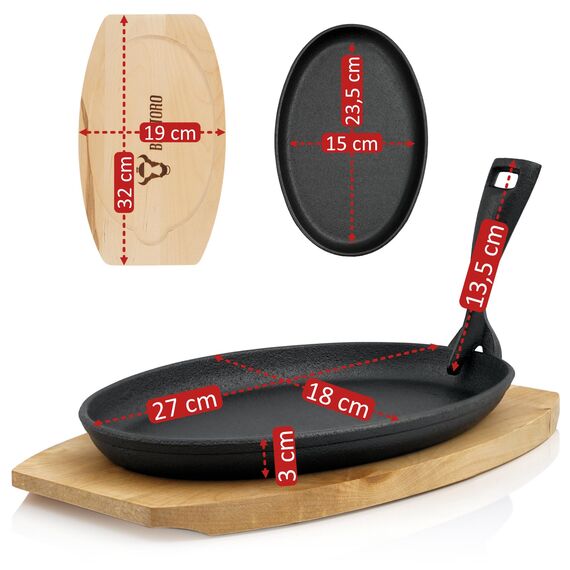 BBQ-Toro Gusseisen Servierpfännchen mit Holzunterlage (1 Stück) | 27 x 18 x 3 cm - oval | Grillpfännchen mit abnehmbarem Griff | Gusseisenpfanne, Paella Pfanne, Gusseisenpfännchen, Gusspfanne