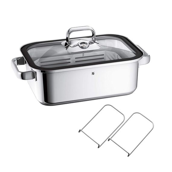 WMF Vitalis Compact Dampfgarer, Bräter Induktion, 35x21,5x10 cm, Auflaufform 3,5l, Glasdeckel Silikonrand, Thermometer, Garblech, Cromargan Edelstahl unbeschichtet
