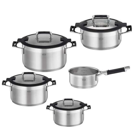 RÖSLE SILENCE PRO Topf-Set 5-tlg., Universaltopfset mit 3 Kochtöpfen, 1 Bratentopf und 1 Stielkasserolle, Edelstahl 18/10, Glasdeckel, Innenskalierung, induktions- und spülmaschinengeeignet