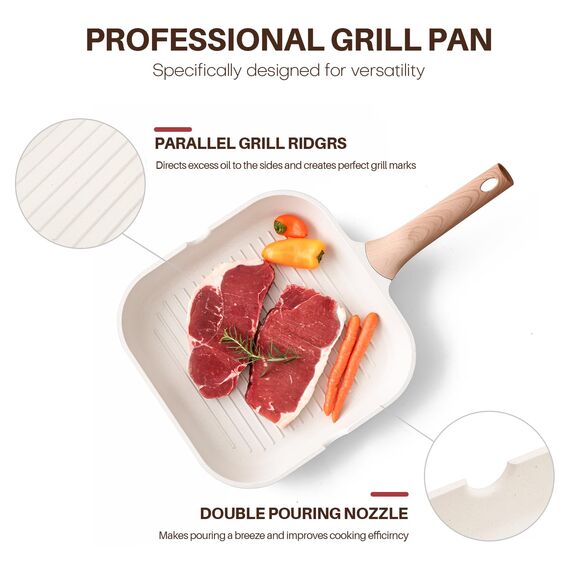 Kordisen Antihaftbeschichtete Grillpfanne für Herdplatten, 24 cm, quadratische Grillpfanne für Innenräume, Induktions-/Steakpfanne mit Ausgießern, vielseitige Grillplatte, PFOA-frei, Weiß