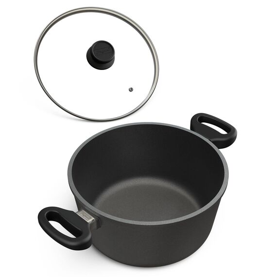 Hoffmann Großer Kochtopf Aluguss Induktion Ø 28 cm, 6 Liter 11 cm Hoch I Made in Germany I Suppentopf I Antihaftbeschichtung I Schmortöpfe Pastatopf I Glasdeckel Nudeltopf Brattopf Alugusstöpfe