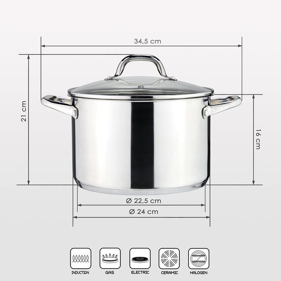 Linnuo Topf 6,8l mit Glasdeckel, Edelstahltopf, Griff Nicht heiß | Topf Induktion geeignet, Stabiler Boden für alle Herdearten | Kochtopf groß, als Suppentopf Kartoffeltopf Nudeltopf | Cooking Pot