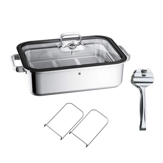 WMF Vitalis Aroma Dampfgarer, Bräter Induktion, 41x27x10cm, Auflaufform 6,5l, Servierzange, Glasdeckel Silikonrand, Thermometer, Garblech, Schmortopf Cromargan Edelstahl unbeschichtet
