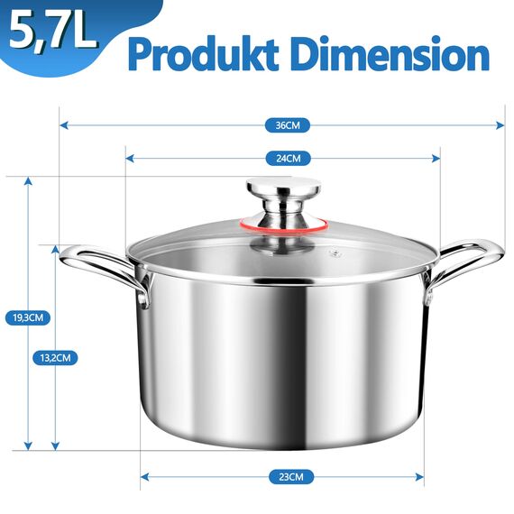 TEAMFAR Kochtopf Groß 24cm, 3-Lagen Edeastahl 5,7L Topf mit Glasdeckel für alle Herdarten, Suppentopf Nudeltopf Induktion zum Kochen, Edelstahl poliert & Unbeschichtet, Gesund, Spülmaschinenfest