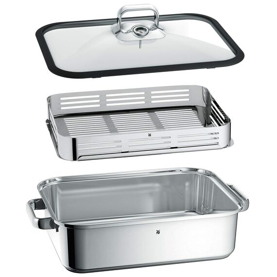 WMF Vitalis Aroma Dampfgarer, Bräter Induktion, 41x27x10cm, Auflaufform 6,5l, Servierzange, Glasdeckel Silikonrand, Thermometer, Garblech, Schmortopf Cromargan Edelstahl unbeschichtet