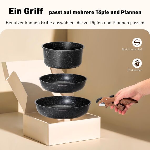 Kitchen Academy Abnehmbarer Griff Bratpfanne Ersatz für Topfgriffe für Tragbares Kochgeschirr, Abnehmbarer Griff für Töpfe Pfannen und Stapelbares Kochgeschirrset Hitzebeständiger