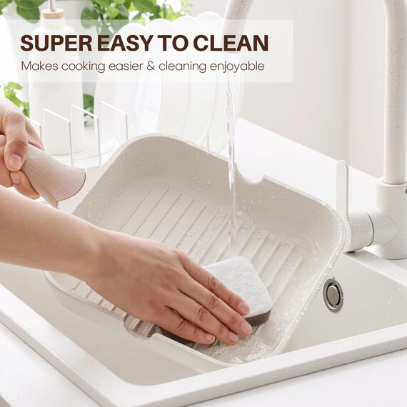 Kordisen Antihaftbeschichtete Grillpfanne für Herdplatten, 24 cm, quadratische Grillpfanne für Innenräume, Induktions-/Steakpfanne mit Ausgießern, vielseitige Grillplatte, PFOA-frei, Weiß