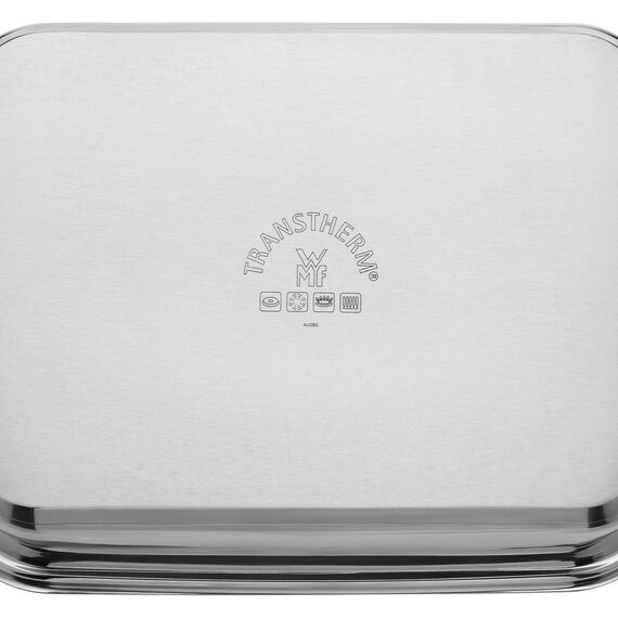 WMF Vitalis Aroma Dampfgarer, Bräter Induktion, 41x27x10cm, Auflaufform 6,5l, Servierzange, Glasdeckel Silikonrand, Thermometer, Garblech, Schmortopf Cromargan Edelstahl unbeschichtet